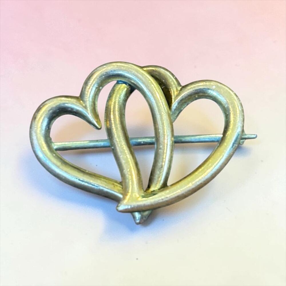 Victorian Double Heart Brooch Brass C Clasp Love Pin Patina